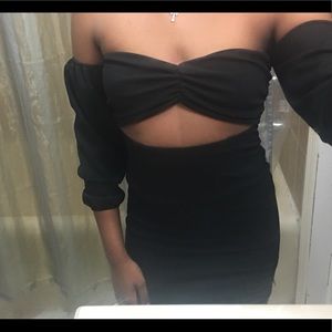 Fashion Nova off the shoulder little black dress.